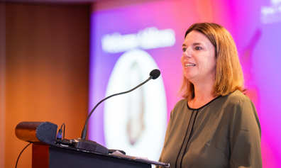 An Kelles stood at the lecturn at Jersey Finance's women in leadership event