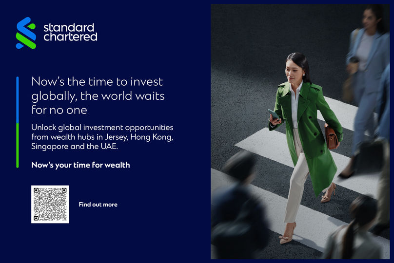 Standard Chartered advert picture of laldy walking and text