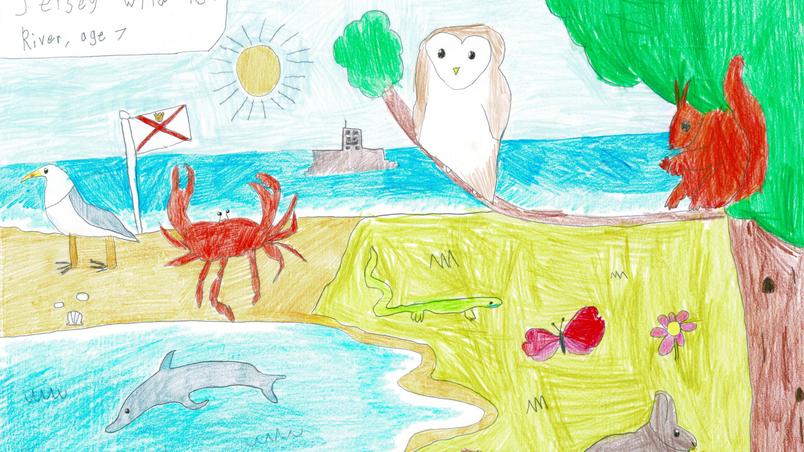 Child's painting of a beach with wildlife
