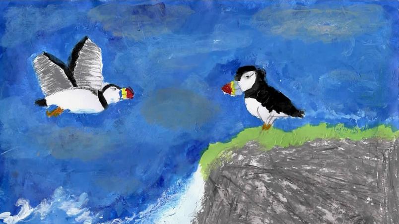 Child's painting of a puffin