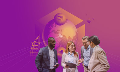 Four business professionals in front of a stylised globe and Dubai skyline.