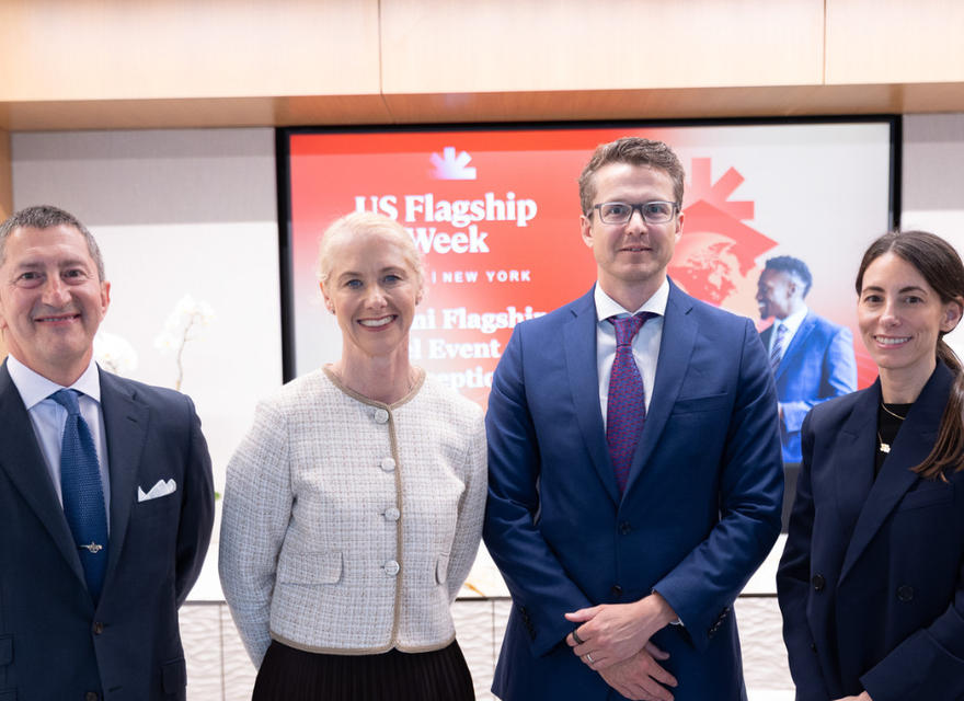 A line up of the panellists at Jersey's Finance's US Flagship Miami event, in May 2026, namely Philip Pirecki (Jersey Finance), Jill Britton (Jersey Financial Services Commission), Dilmun Leach (Walkers) and Kate Lashley (Sidley)