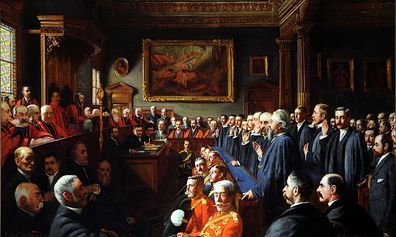 A photograph of John St Helier Lander’s 1893 painting of the Assise d’Héritage, which hangs in the Royal Court in Jersey.